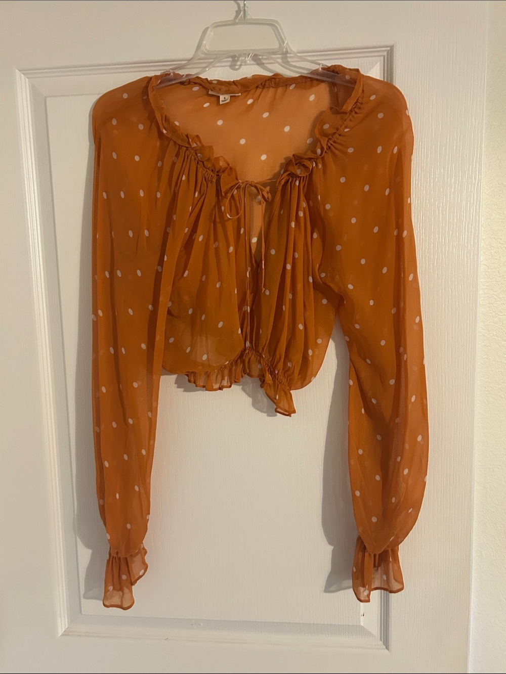 For Love & Lemons Orange Polka Dot Sheer Ruffle Tie-Front Blouse